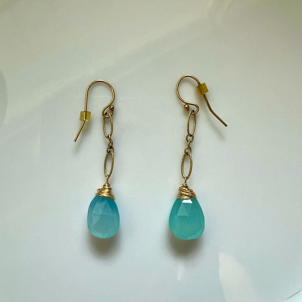 Blue green gemstone drop earrings with gold hardware